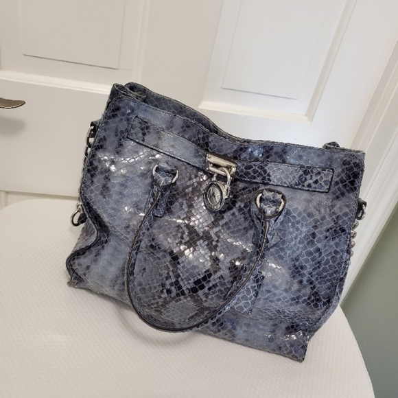 Michael Kors Python-Print Hamilton Blue Leather Tote/Shoulder Bag - Picture 8 of 10
